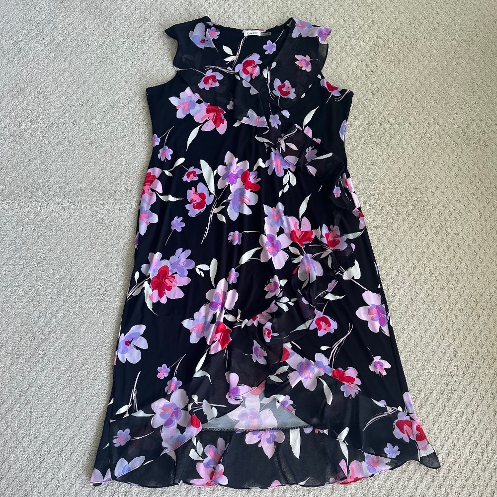 Calvin Klein Floral Ruffle High-Low Midi Dress Summer Feminine Office Party